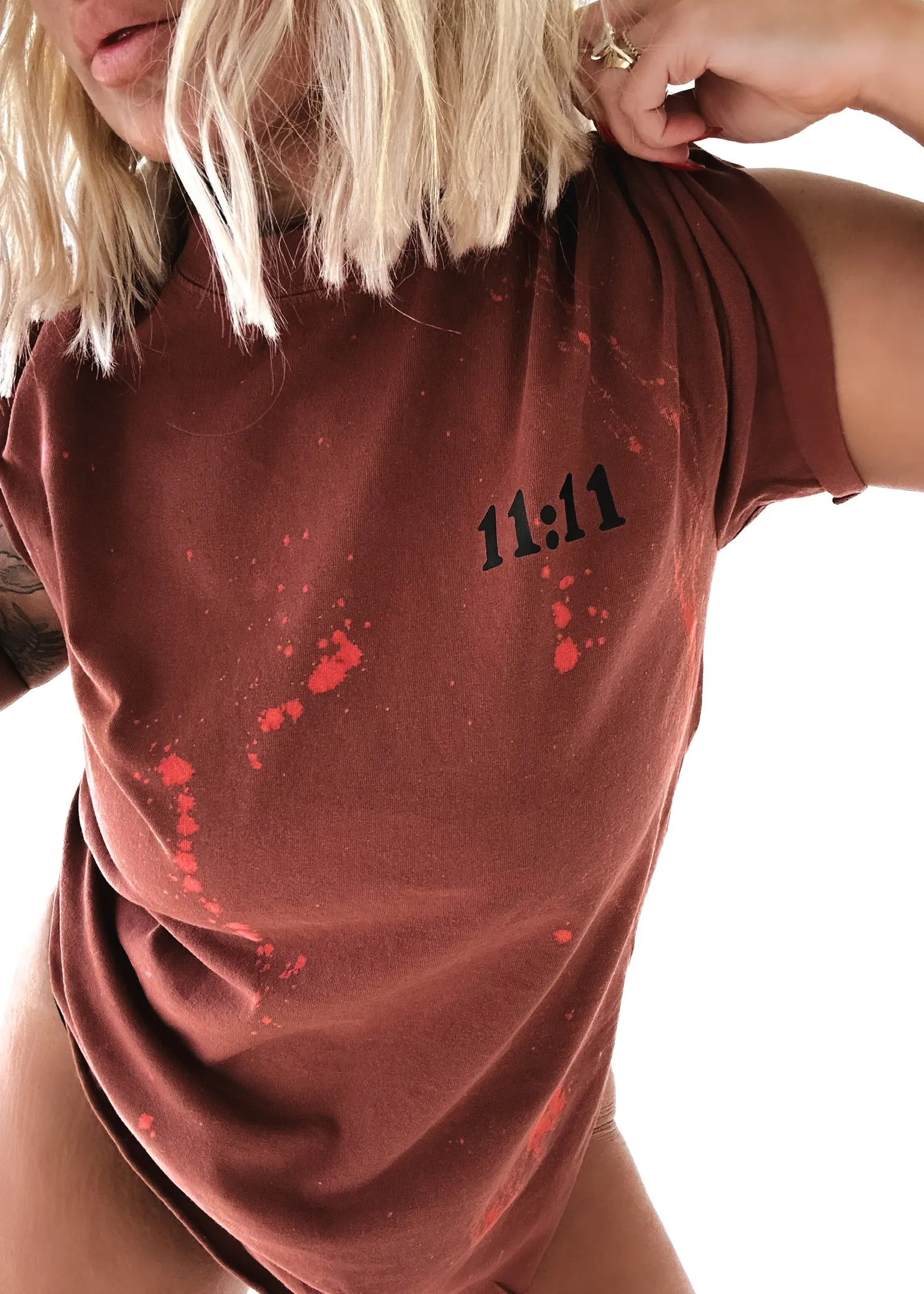 11:11 ANGEL NUMBERS BLEACHED OUT SIDE SLIT TEE