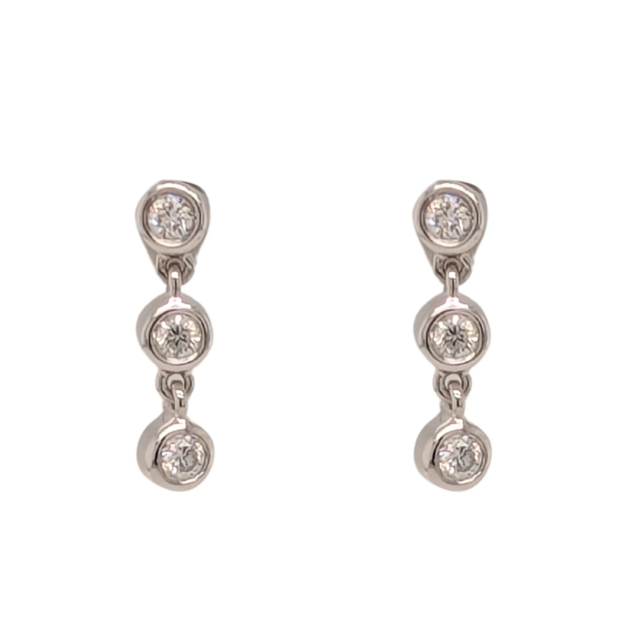 14K White Gold Three Diamond Bezel Dangle Earrings