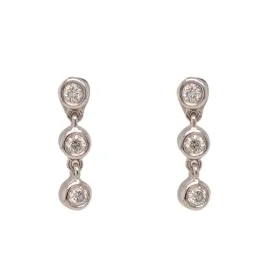 14K White Gold Three Diamond Bezel Dangle Earrings