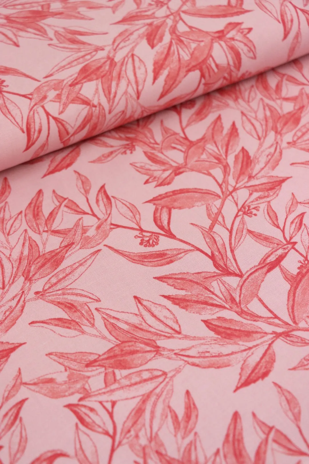 2YD 16IN REMNANT; Red Foliage Sketches on Pink Cotton Linen