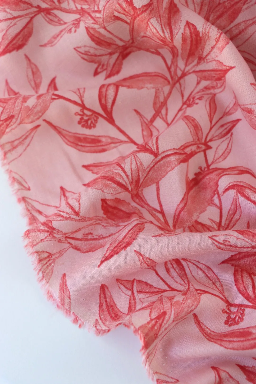 2YD 16IN REMNANT; Red Foliage Sketches on Pink Cotton Linen