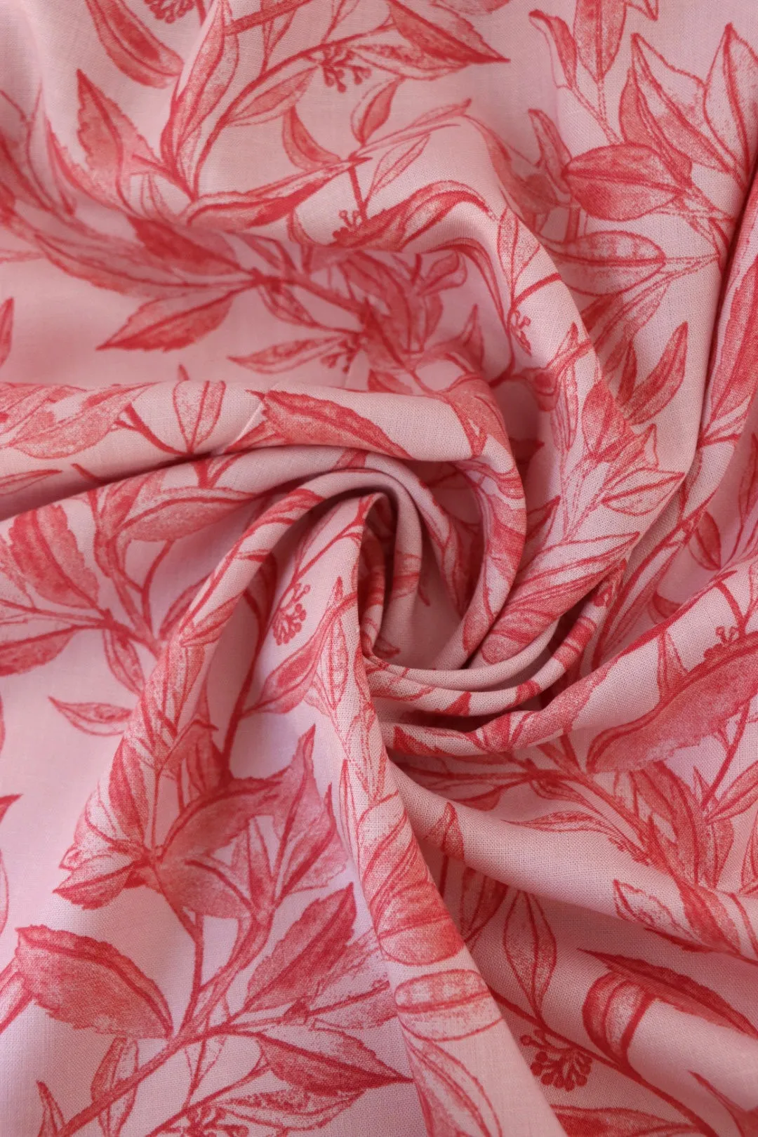 2YD 16IN REMNANT; Red Foliage Sketches on Pink Cotton Linen