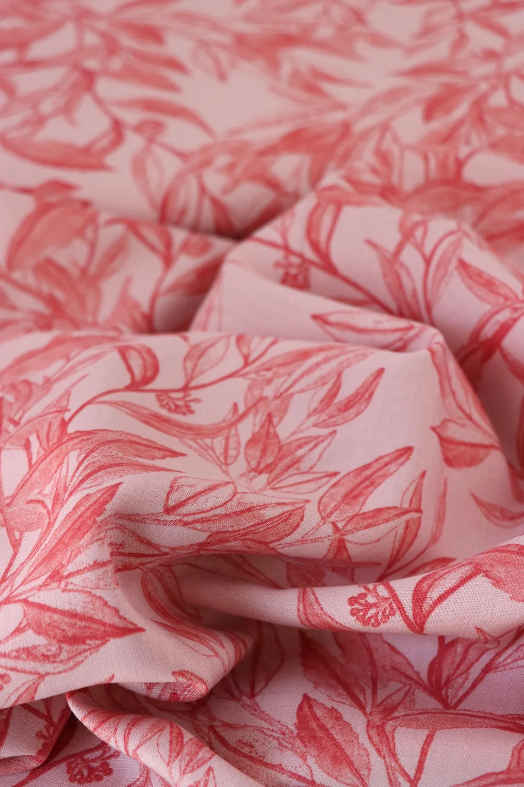 2YD 16IN REMNANT; Red Foliage Sketches on Pink Cotton Linen
