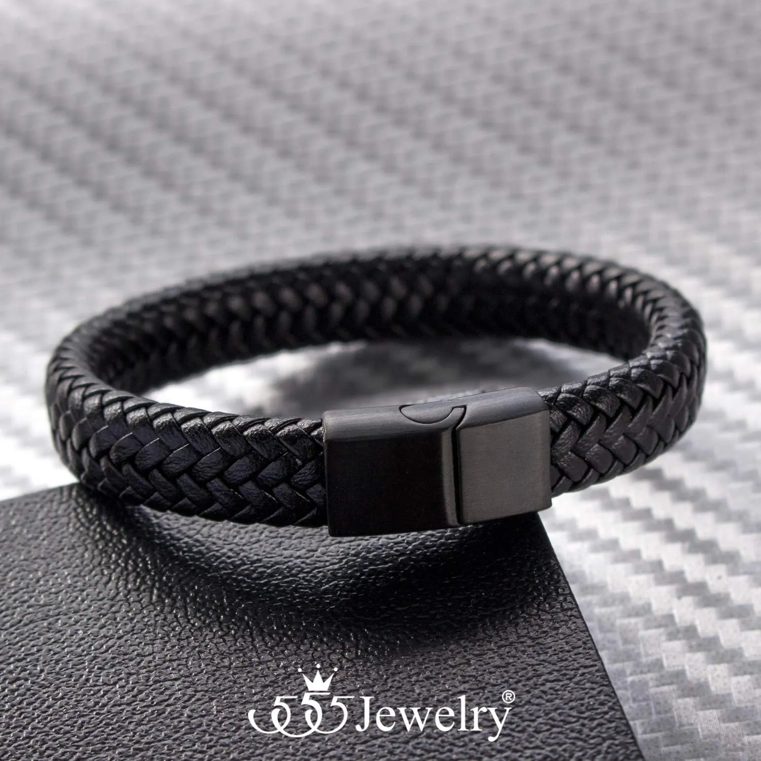 555Jewelry Stainless Steel Magnetic Clasp Braided Brown & Black Leather Bracelet for Men