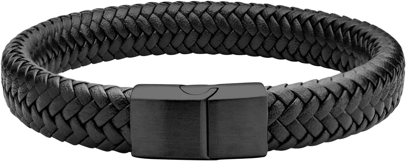 555Jewelry Stainless Steel Magnetic Clasp Braided Brown & Black Leather Bracelet for Men