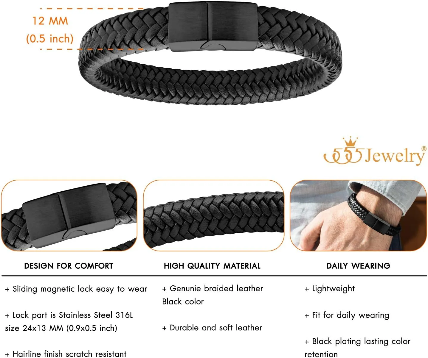 555Jewelry Stainless Steel Magnetic Clasp Braided Brown & Black Leather Bracelet for Men