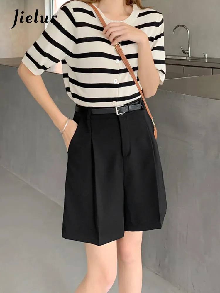A-line Short Pants Women Summer Straight Suit Wide Leg Shorts Thin High Waist Casual Loose Black Khaki Shorts Female Work