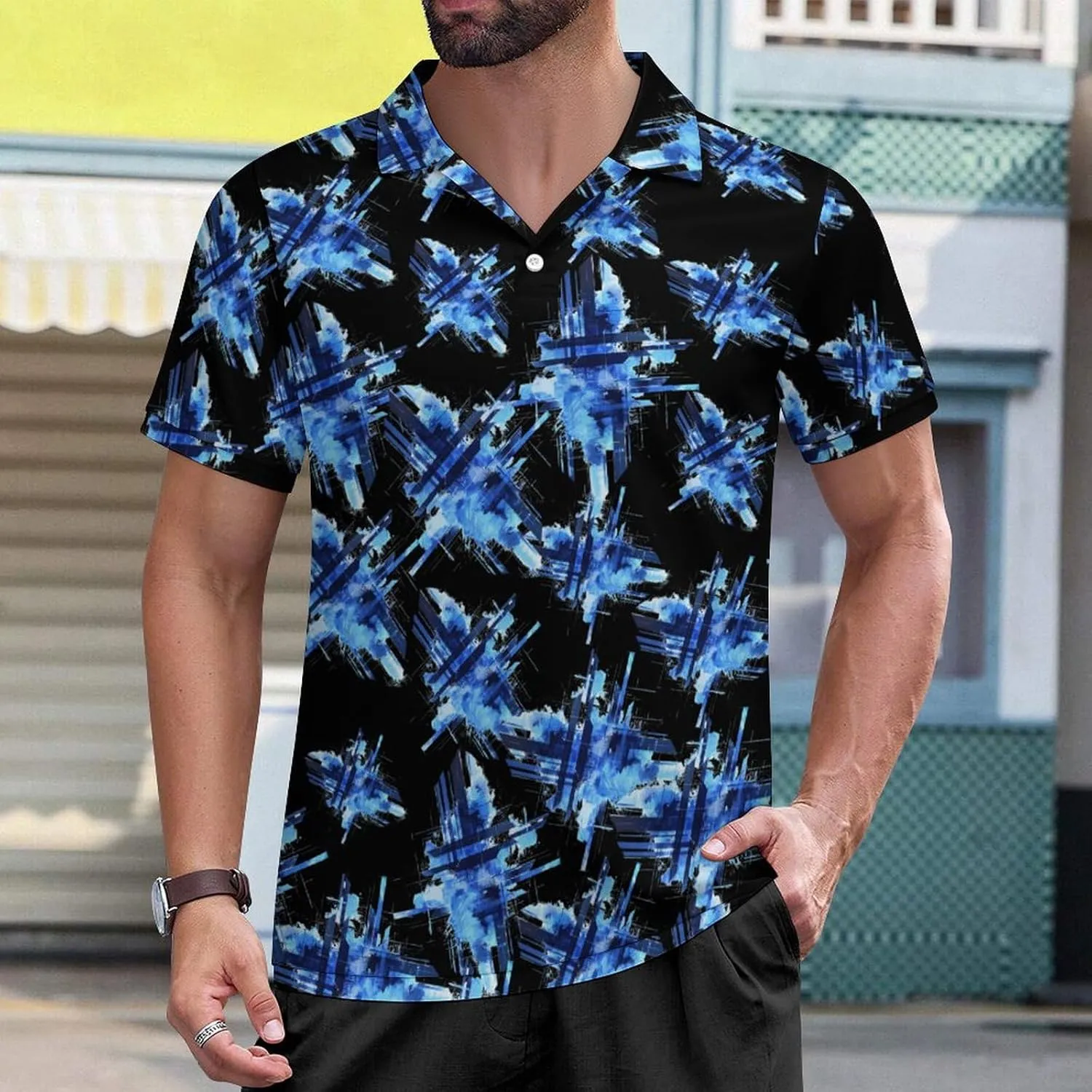 Abstract Blue Geometry Mens Polo Shirts Short Sleeve Mesh Gym T-Shirt Summer Tee Top