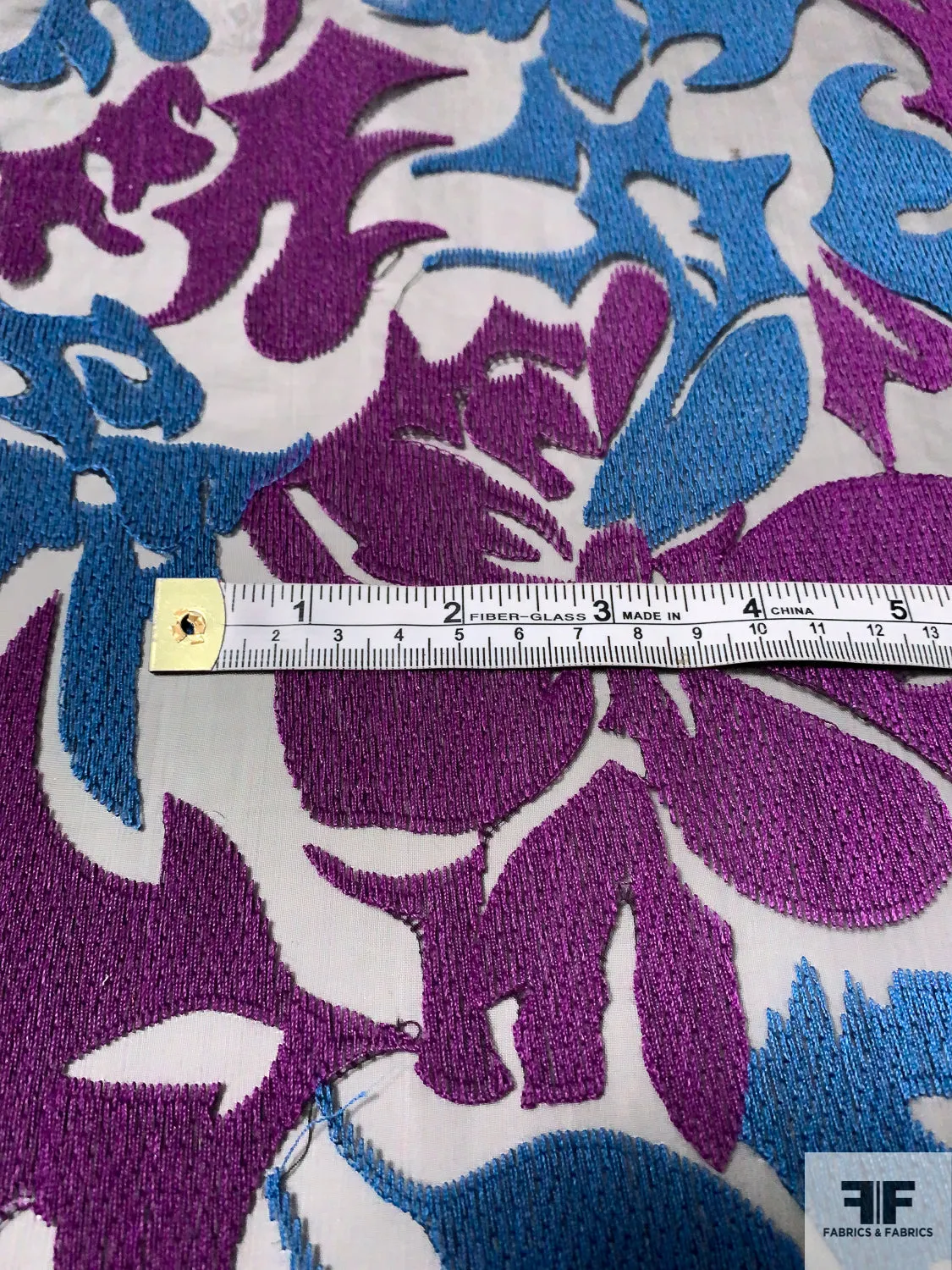 Abstract Floral Embroidered Polyester Organza - Purple / Blue-Teal / Black