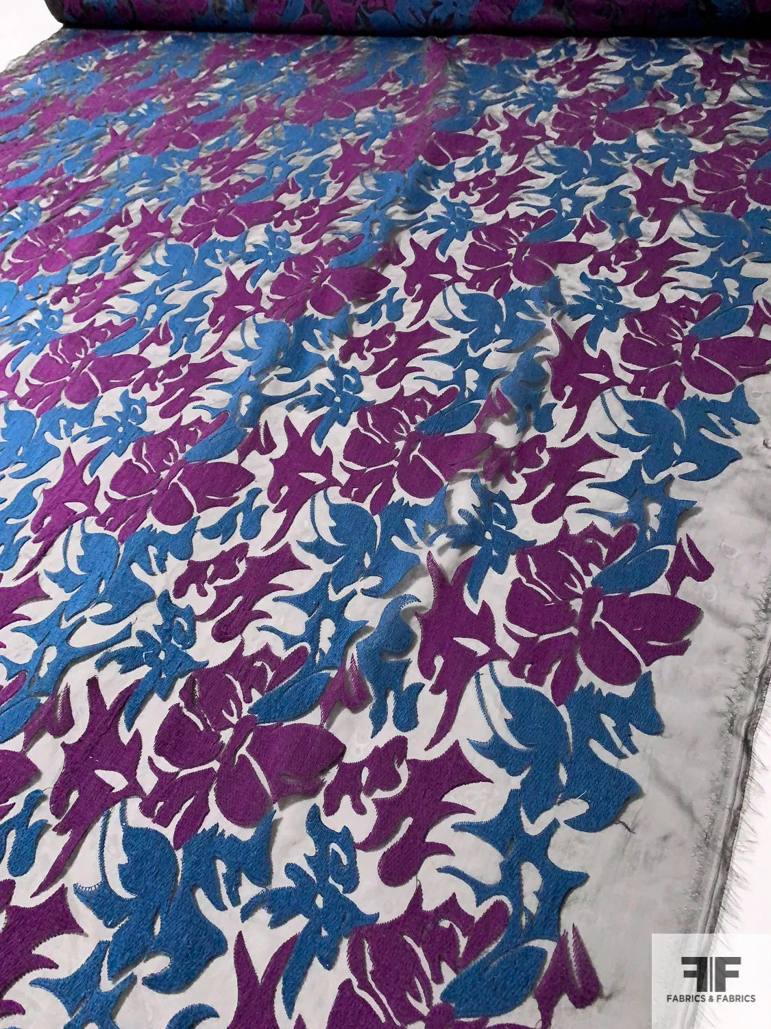 Abstract Floral Embroidered Polyester Organza - Purple / Blue-Teal / Black