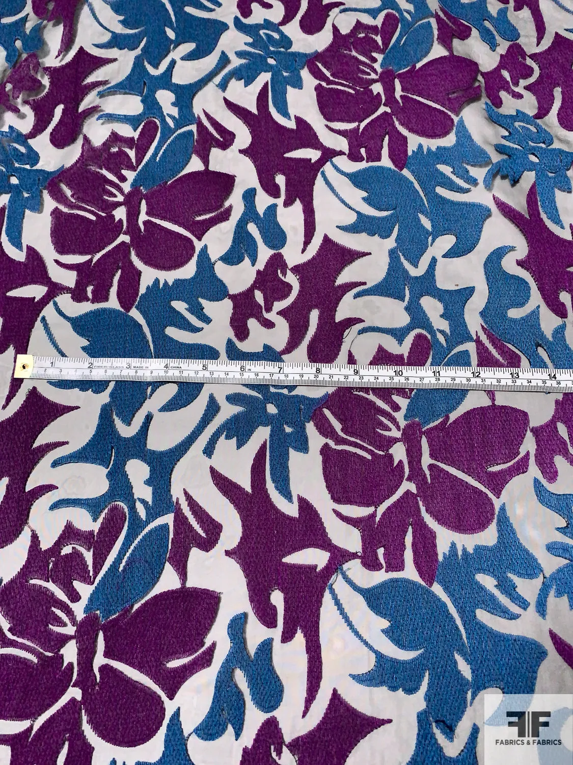 Abstract Floral Embroidered Polyester Organza - Purple / Blue-Teal / Black