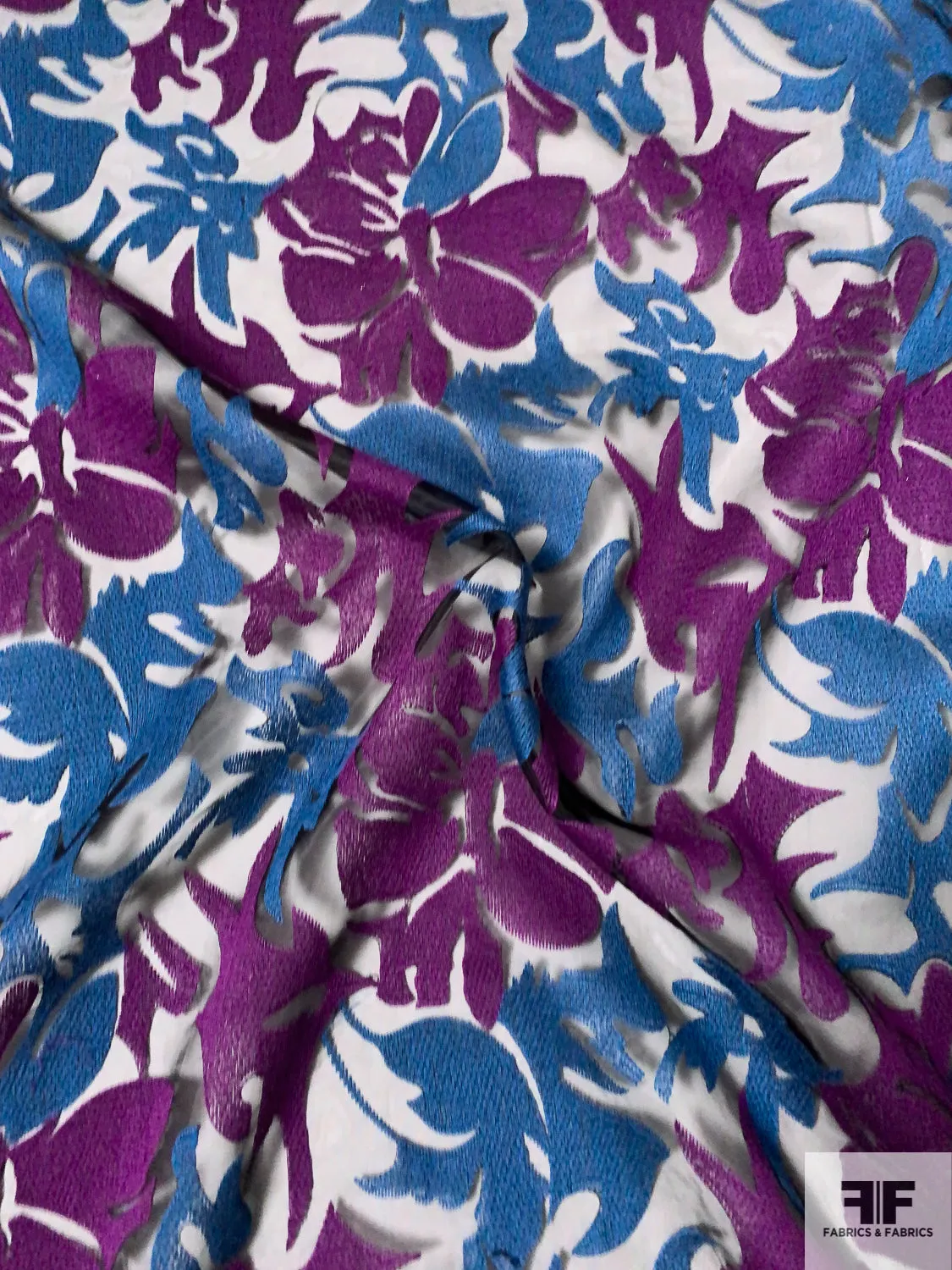 Abstract Floral Embroidered Polyester Organza - Purple / Blue-Teal / Black