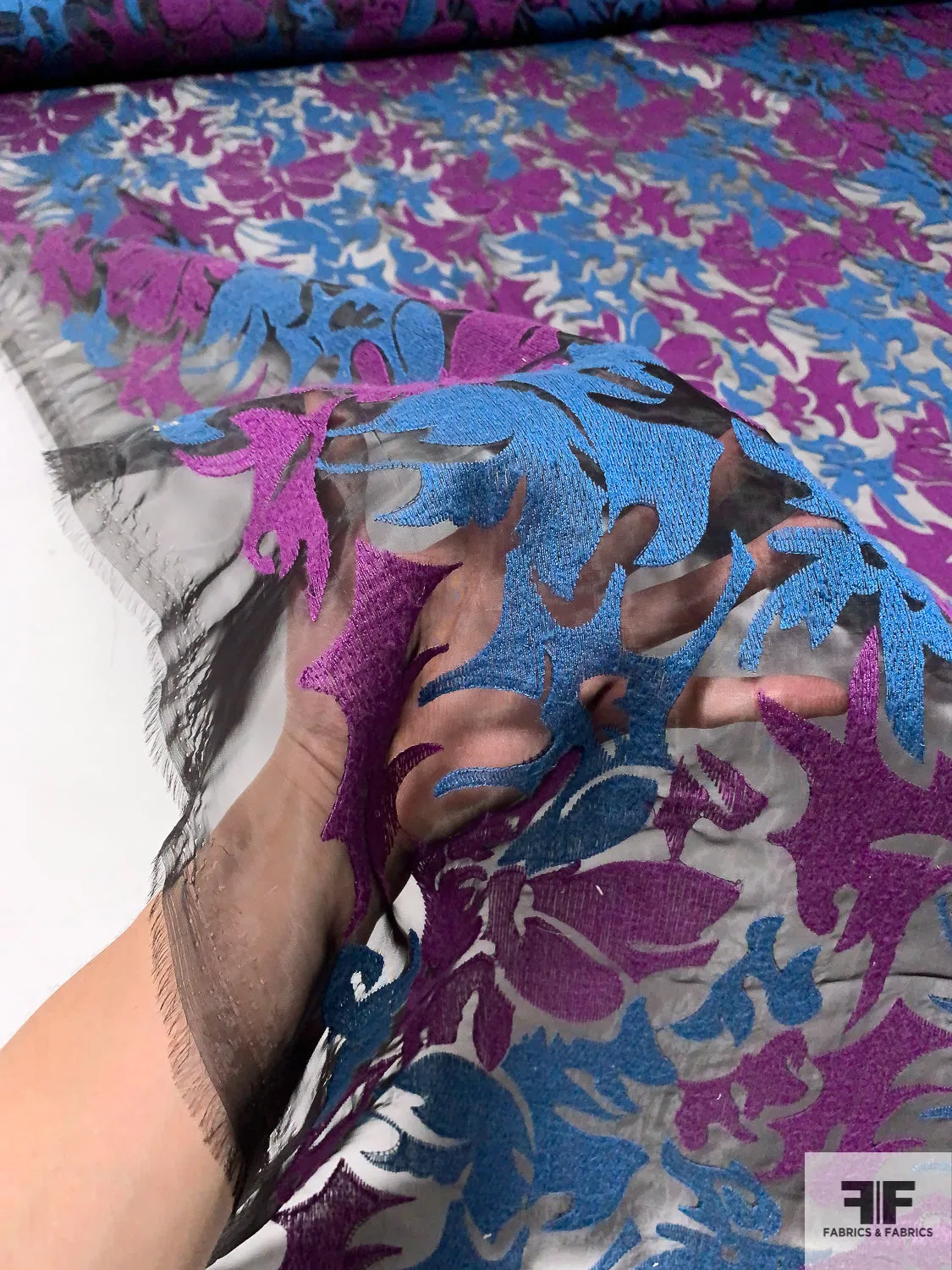 Abstract Floral Embroidered Polyester Organza - Purple / Blue-Teal / Black