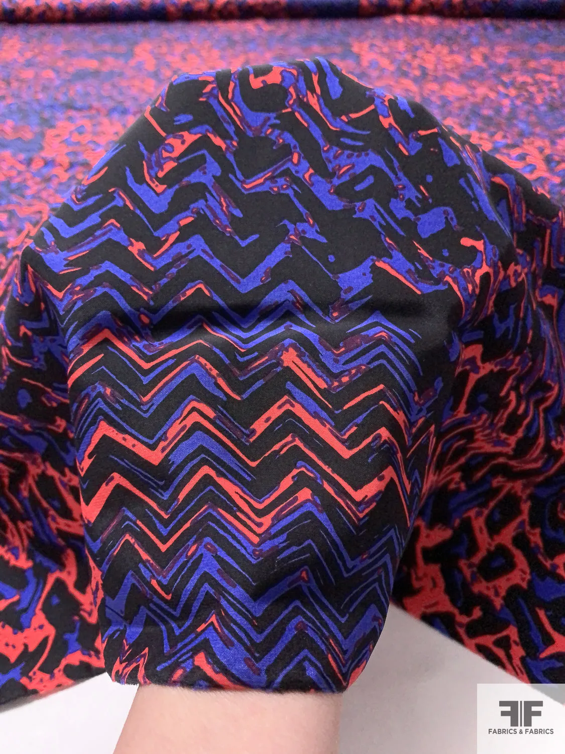 Abstract Matte-Side Printed Silk Charmeuse - Hot Coral / Indigo / Black