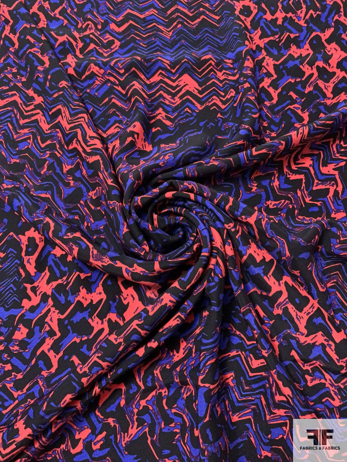 Abstract Matte-Side Printed Silk Charmeuse - Hot Coral / Indigo / Black