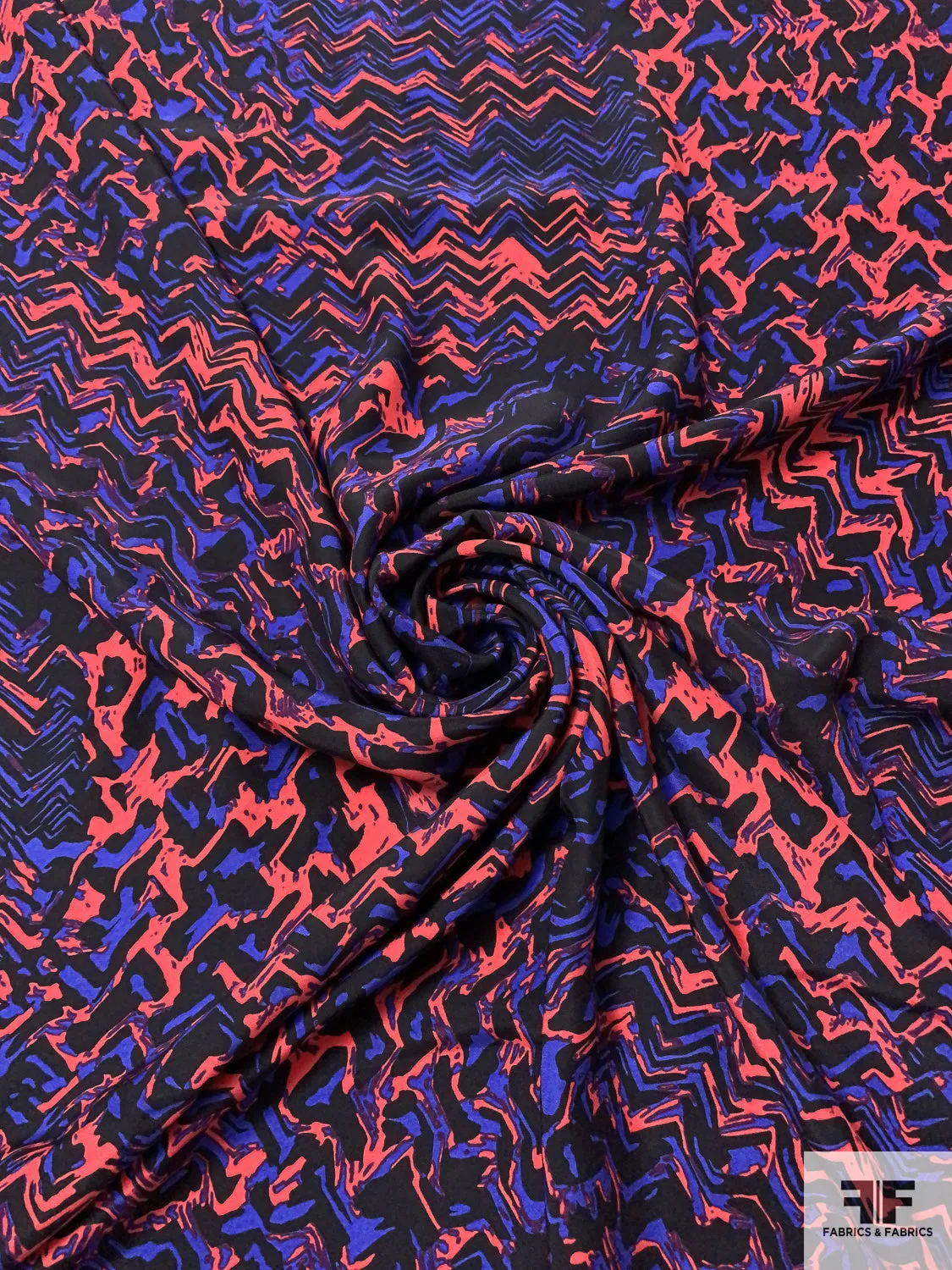 Abstract Matte-Side Printed Silk Charmeuse - Hot Coral / Indigo / Black