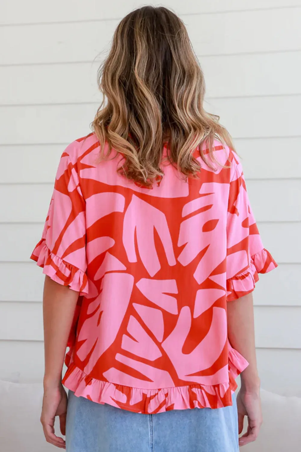 Abstract Palm Printed Ruffled Top and Wide Leg Pants Set