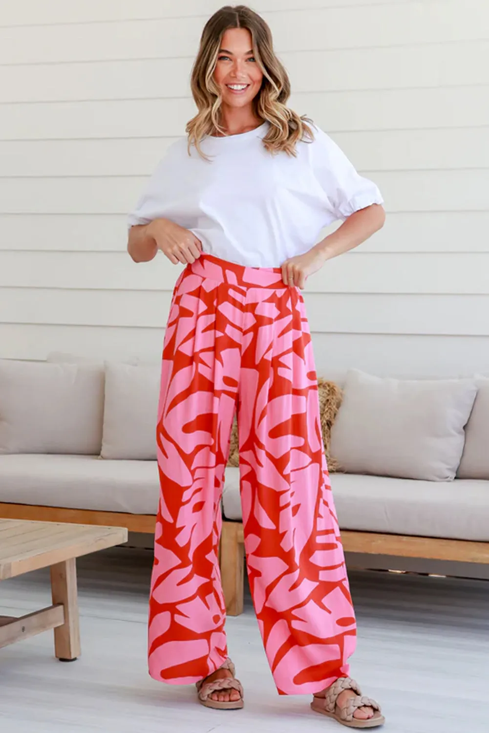 Abstract Palm Printed Ruffled Top and Wide Leg Pants Set