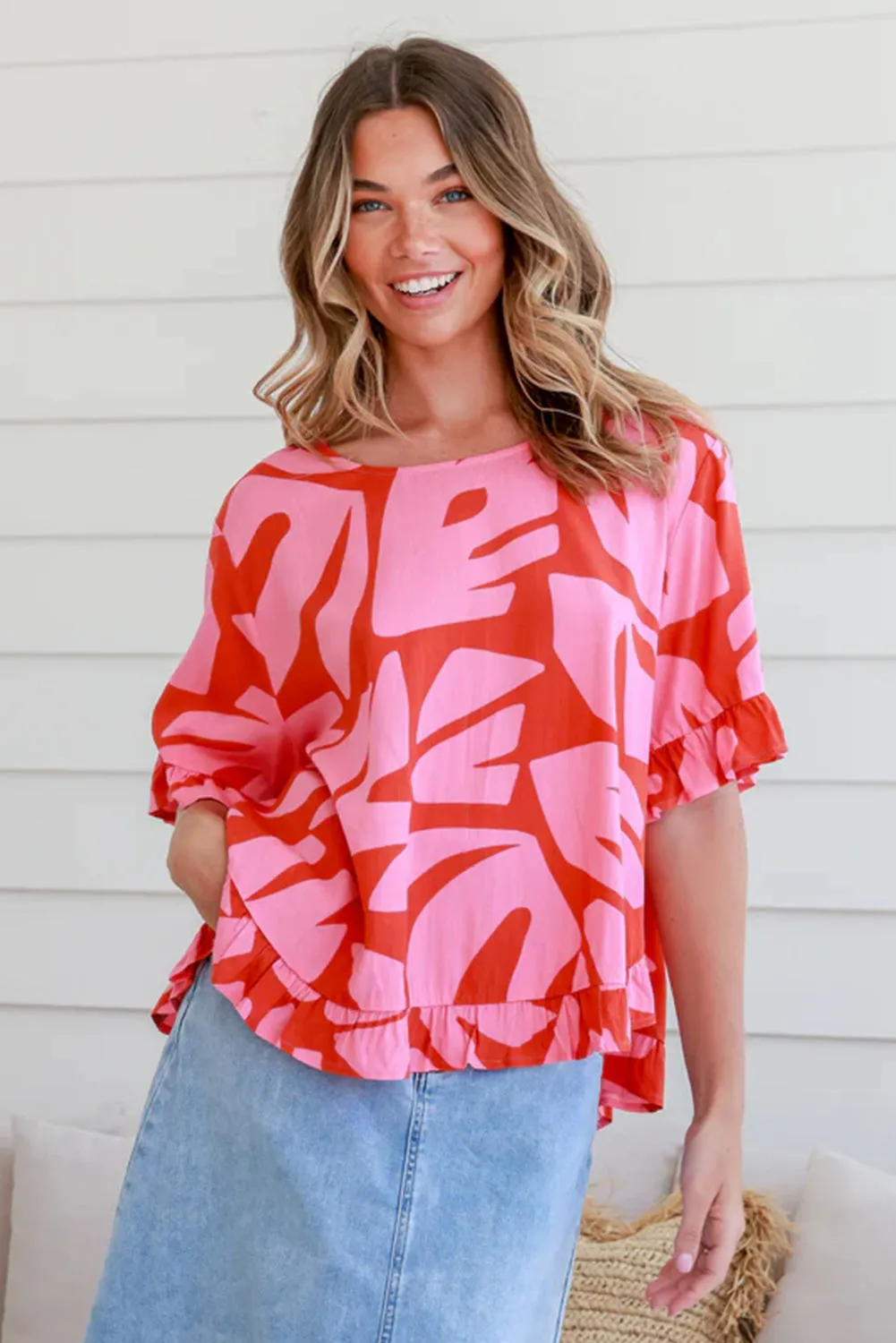Abstract Palm Printed Ruffled Top and Wide Leg Pants Set