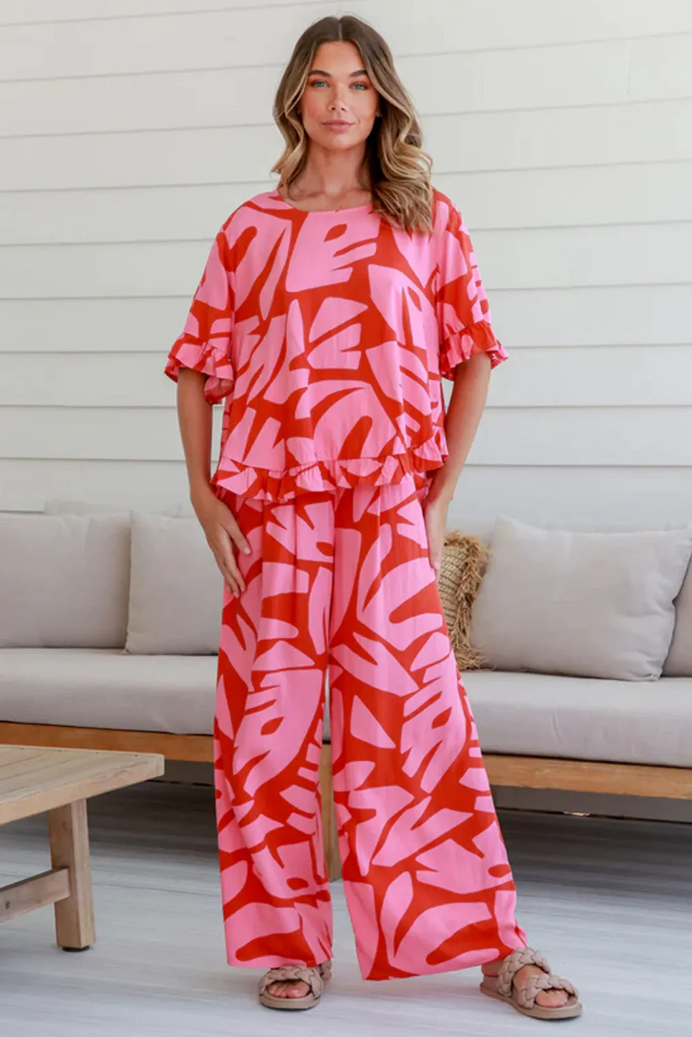 Abstract Palm Printed Ruffled Top and Wide Leg Pants Set