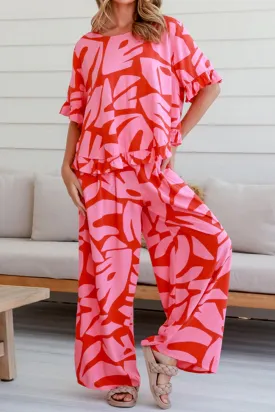 Abstract Palm Printed Ruffled Top and Wide Leg Pants Set