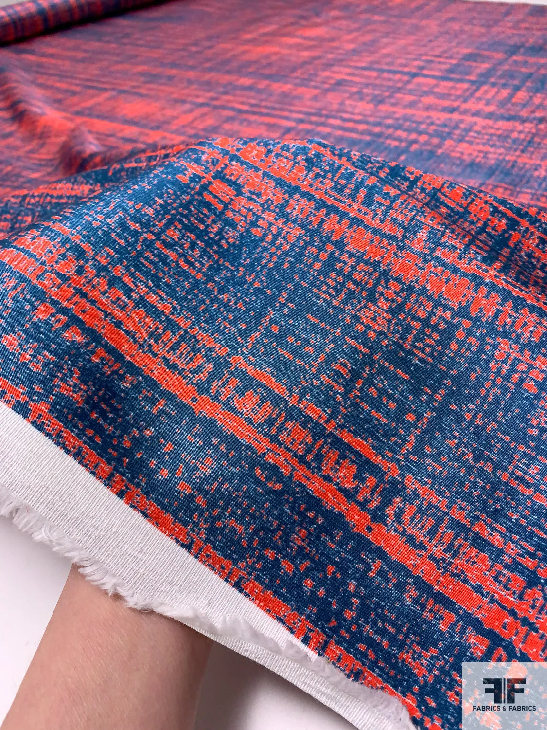 Abstract Printed Stretch Cotton Sateen - Hot Orange / Blue