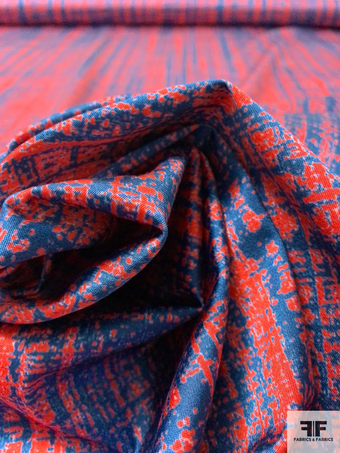 Abstract Printed Stretch Cotton Sateen - Hot Orange / Blue