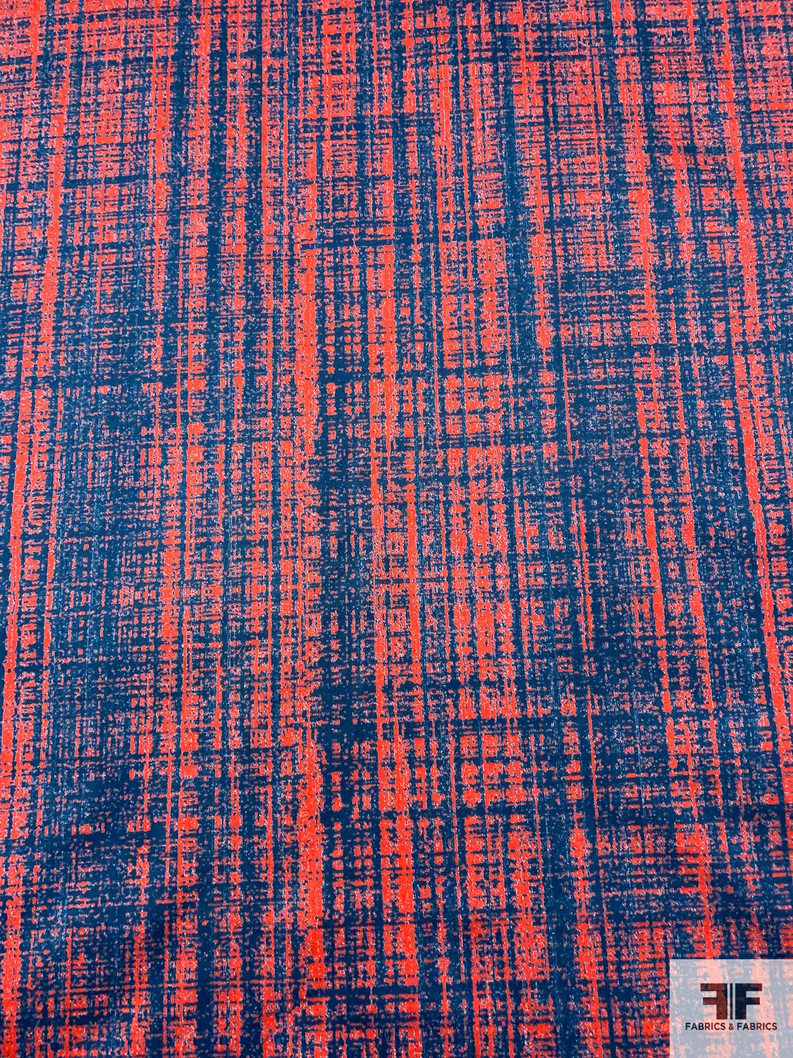 Abstract Printed Stretch Cotton Sateen - Hot Orange / Blue