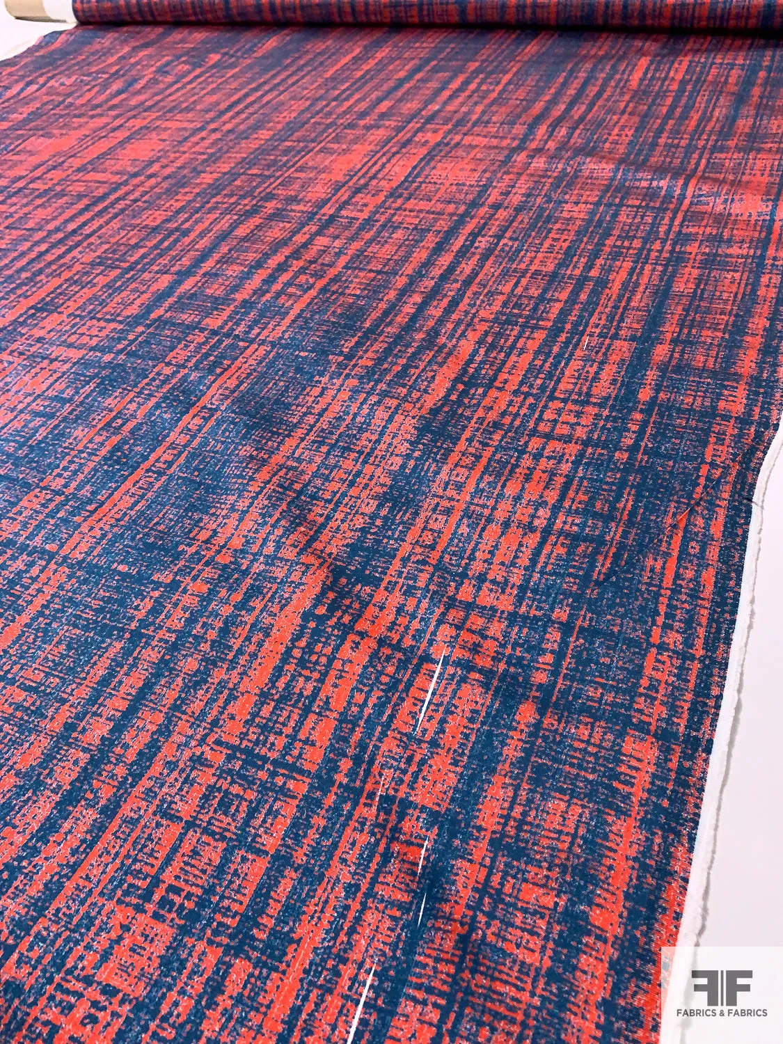 Abstract Printed Stretch Cotton Sateen - Hot Orange / Blue