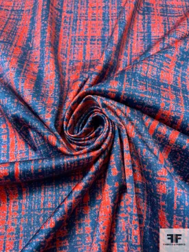 Abstract Printed Stretch Cotton Sateen - Hot Orange / Blue