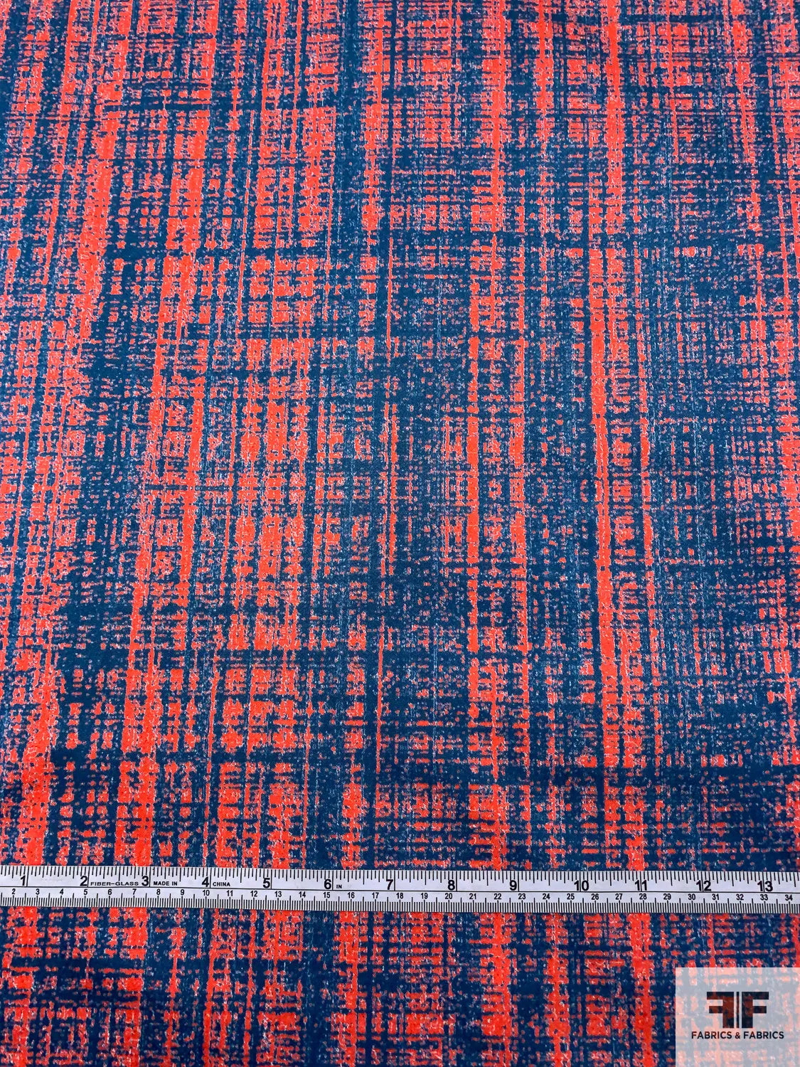 Abstract Printed Stretch Cotton Sateen - Hot Orange / Blue