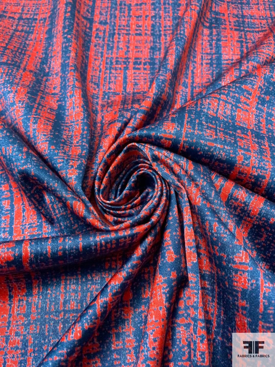 Abstract Printed Stretch Cotton Sateen - Hot Orange / Blue