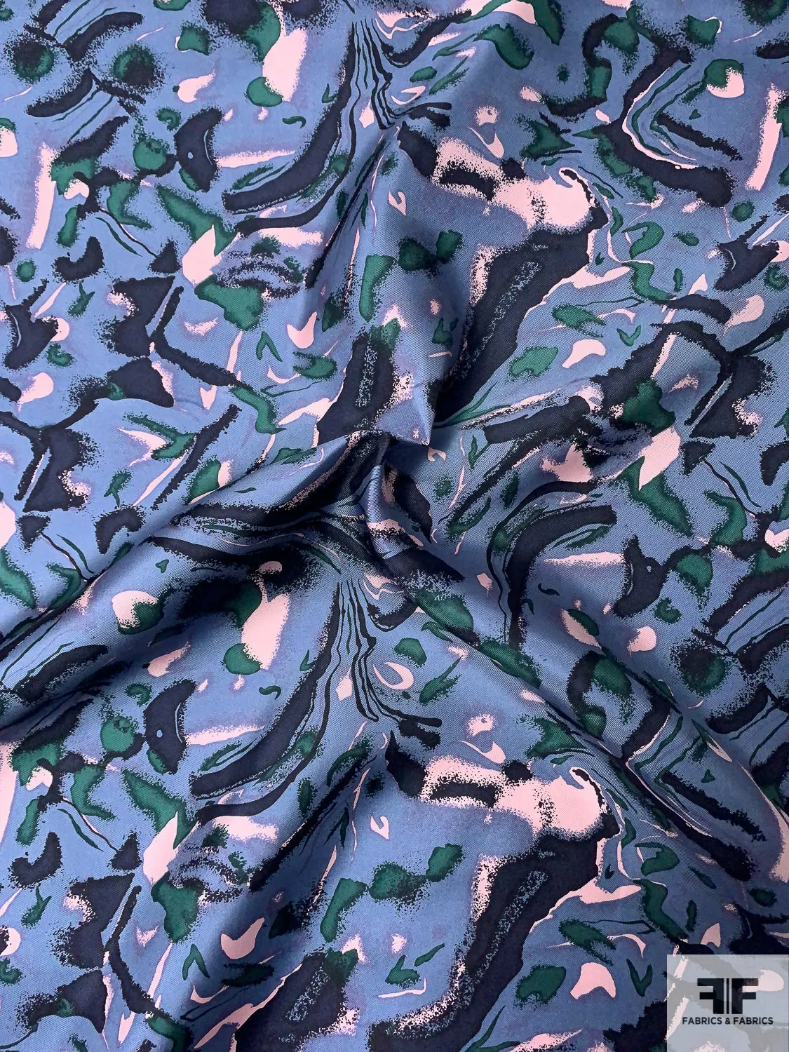 Abstract Printed Vintage Silk Twill - Antique Blue / Navy / Evergreen / Light Pink