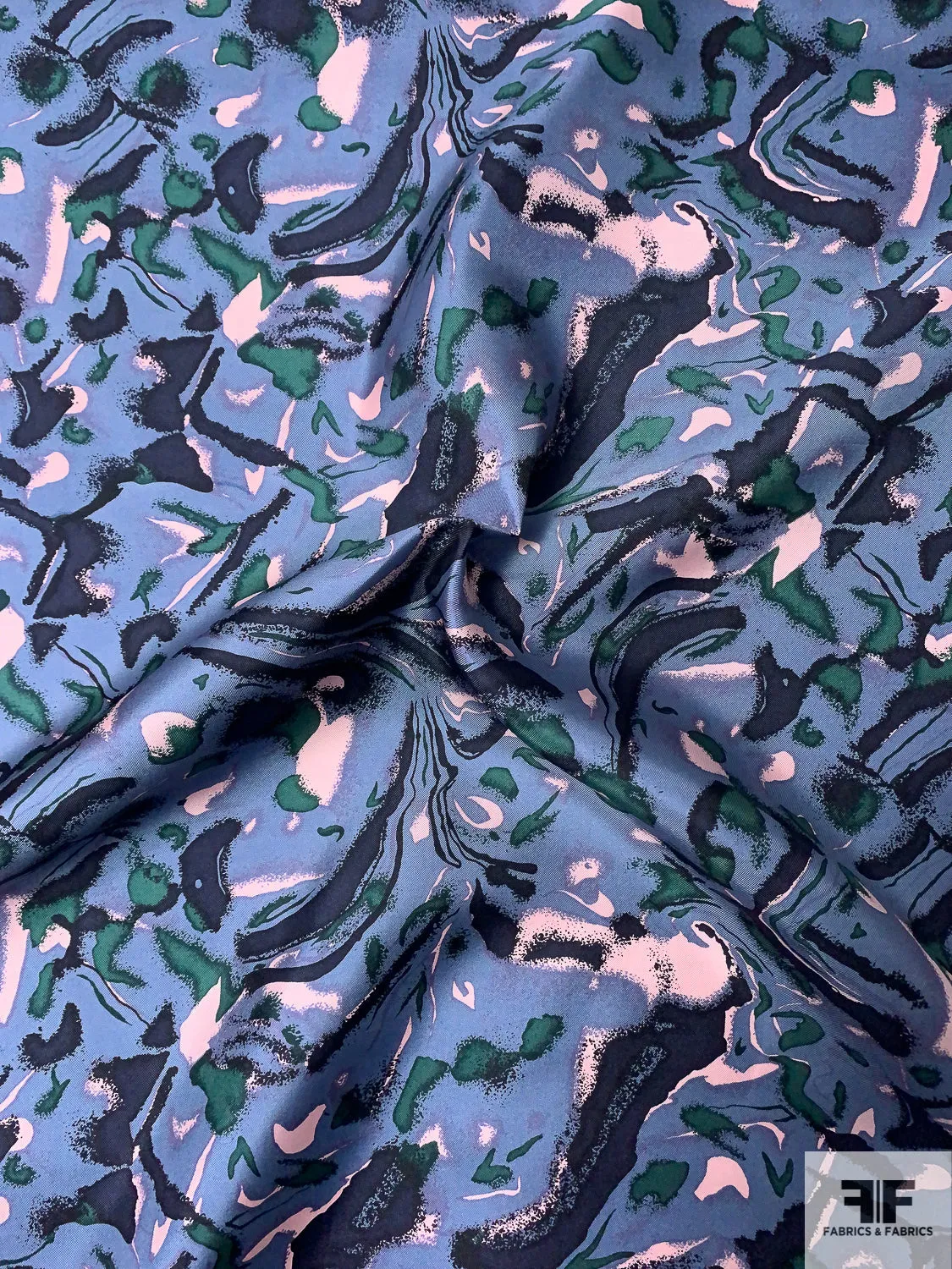 Abstract Printed Vintage Silk Twill - Antique Blue / Navy / Evergreen / Light Pink