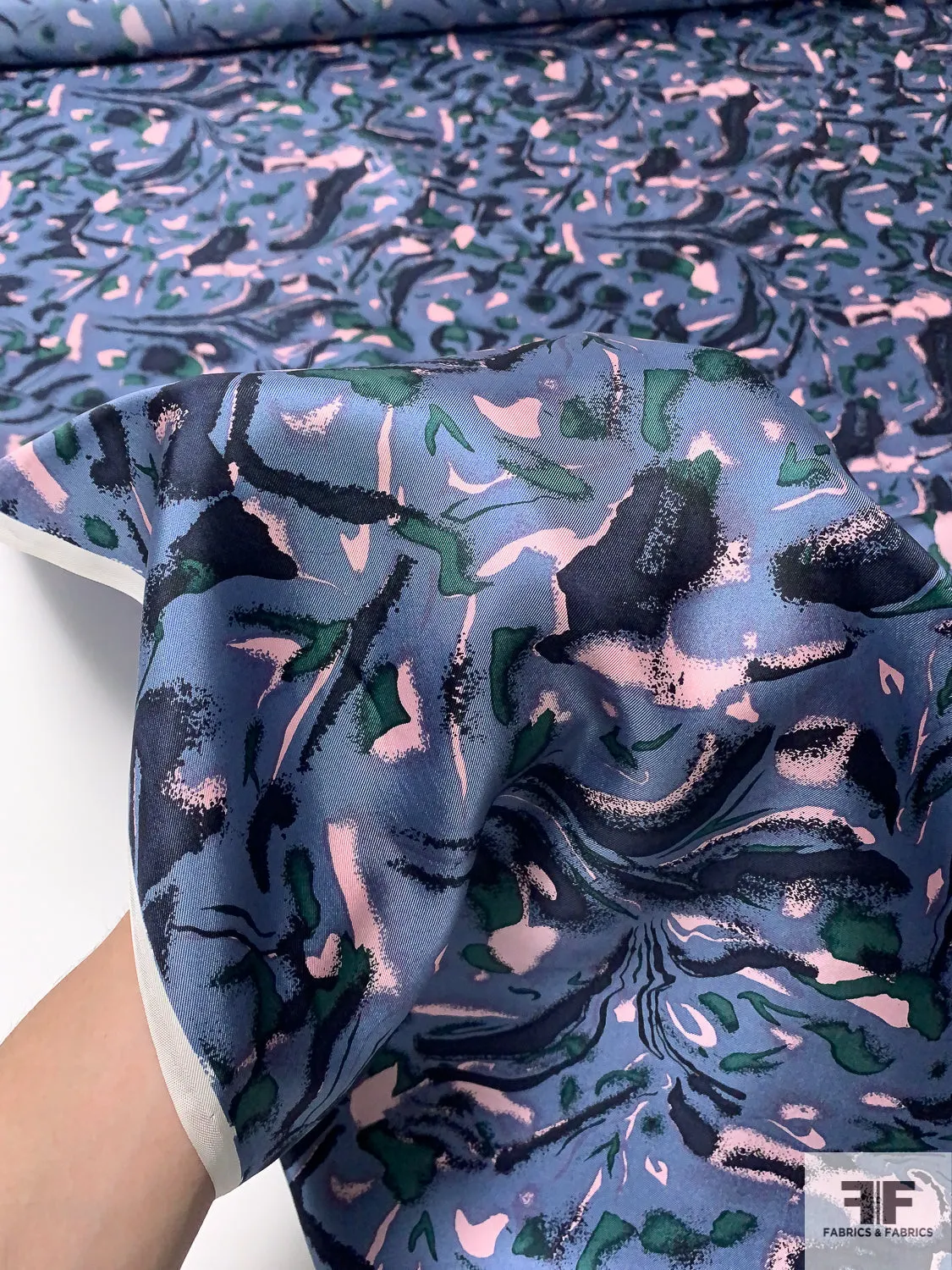 Abstract Printed Vintage Silk Twill - Antique Blue / Navy / Evergreen / Light Pink