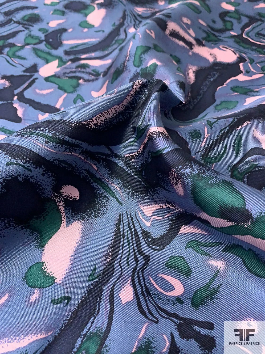 Abstract Printed Vintage Silk Twill - Antique Blue / Navy / Evergreen / Light Pink
