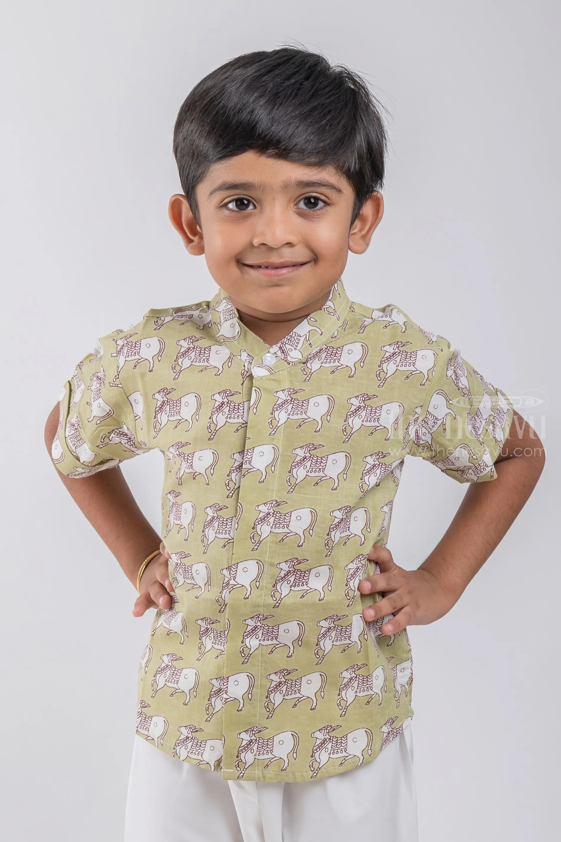 AC. Boys Green Pitchwai Cow Printed Casual Cotton Shirt by The Nesavu