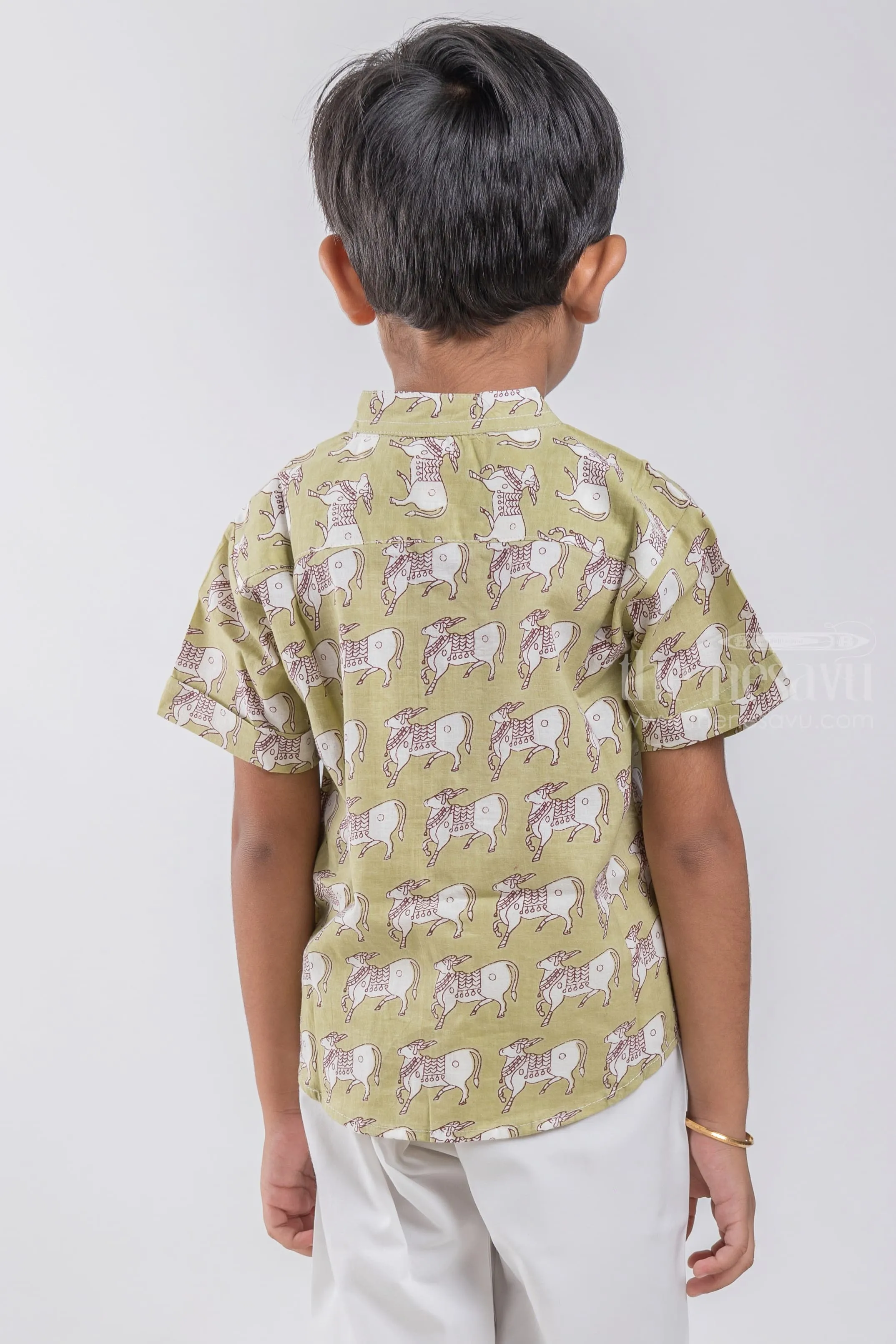AC. Boys Green Pitchwai Cow Printed Casual Cotton Shirt by The Nesavu
