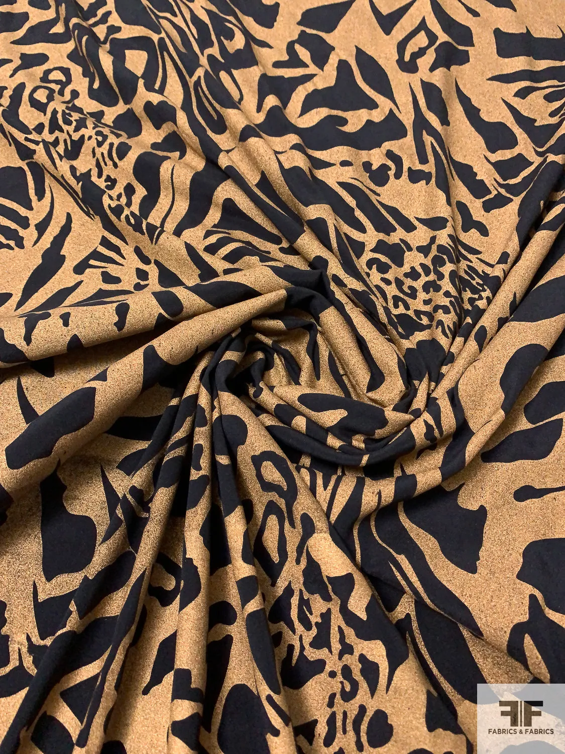 Animal Inspired Matte-Side Foil Printed Stretch Silk Charmeuse - Metallic Tan / Black