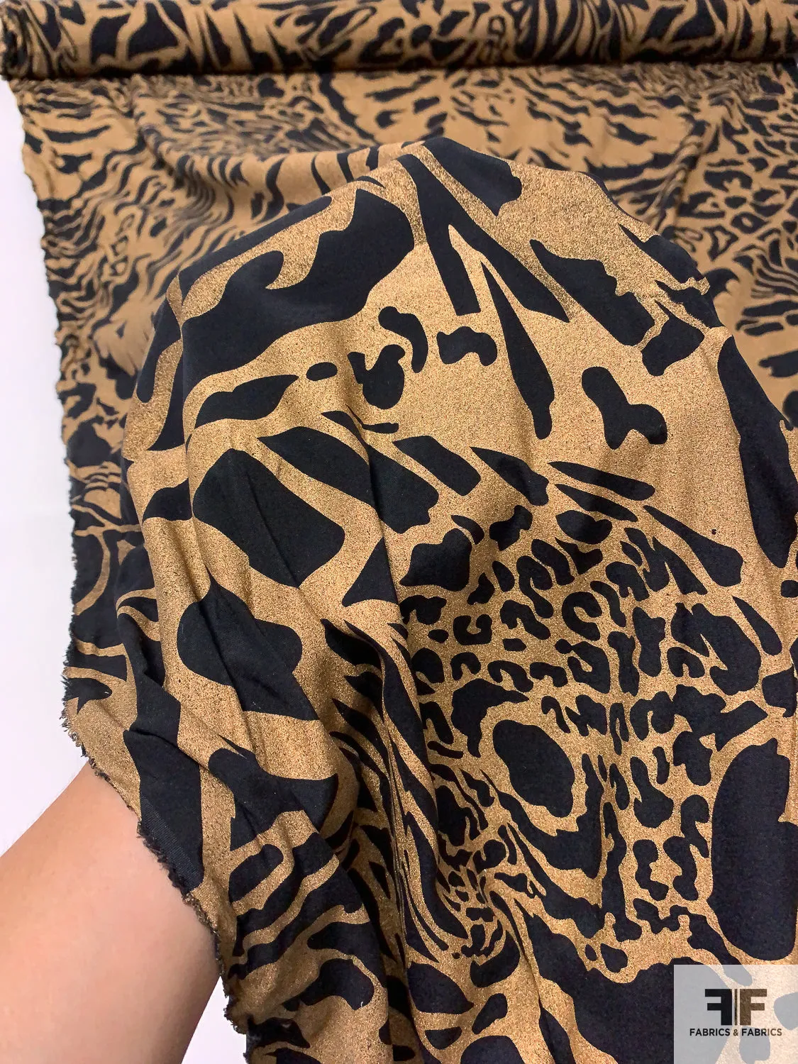 Animal Inspired Matte-Side Foil Printed Stretch Silk Charmeuse - Metallic Tan / Black