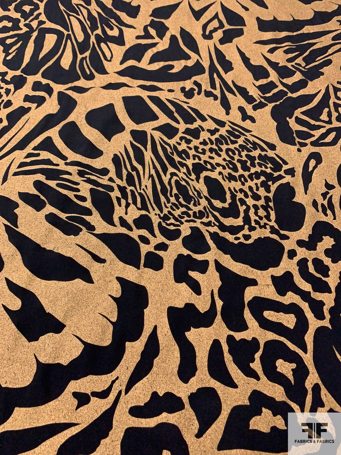 Animal Inspired Matte-Side Foil Printed Stretch Silk Charmeuse - Metallic Tan / Black
