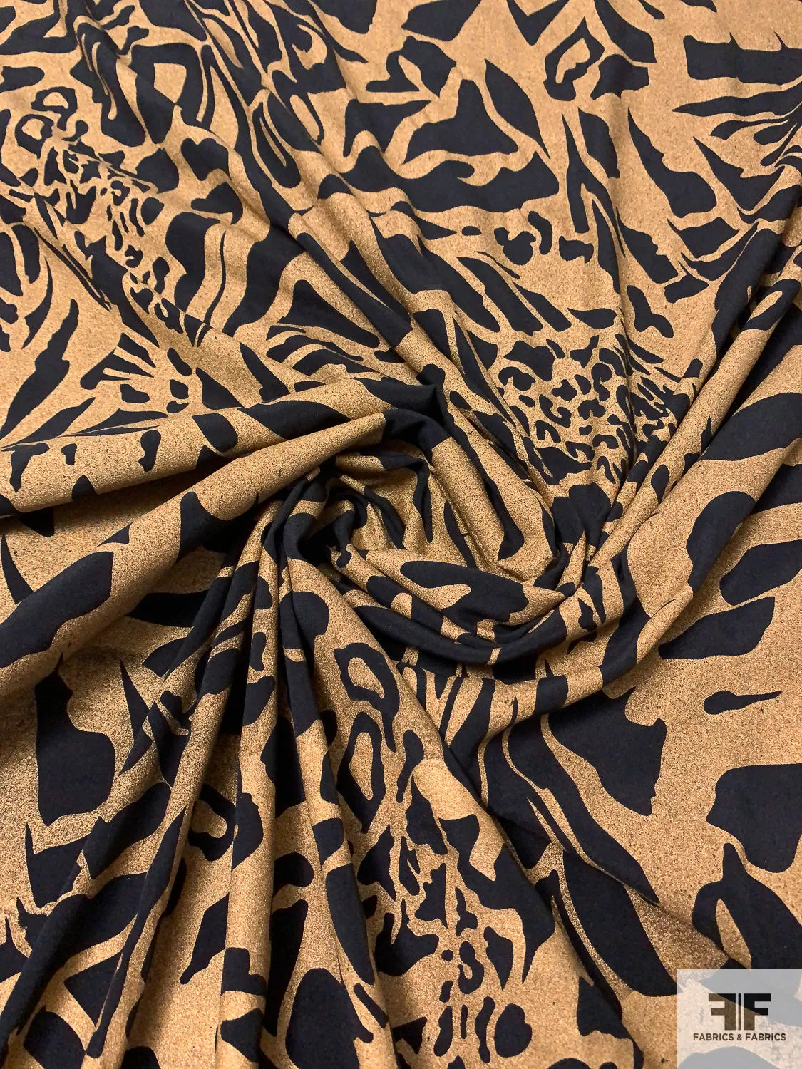 Animal Inspired Matte-Side Foil Printed Stretch Silk Charmeuse - Metallic Tan / Black
