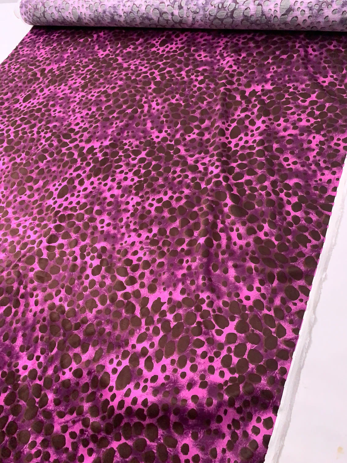 Animal Pattern Inspired Printed Stretch Viscose-Cotton Sateen - Purple / Wild Orchid / Brown