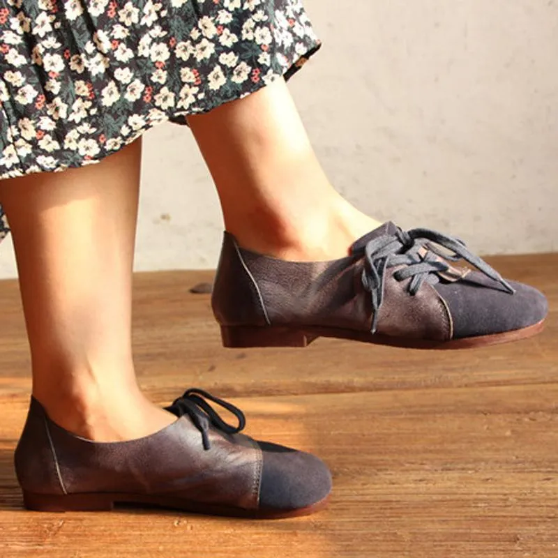 Babakud Women Retro Sewing Lace Up Casual Flat Shoes
