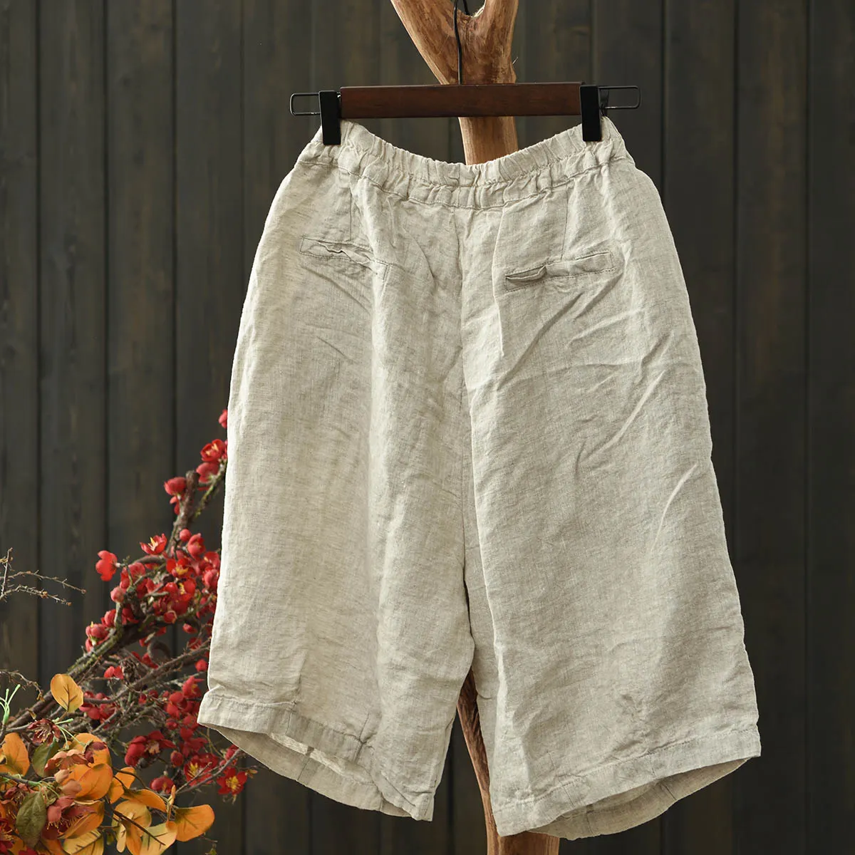 Babakud Women Summer Simple Linen Elastic-Waist Pants
