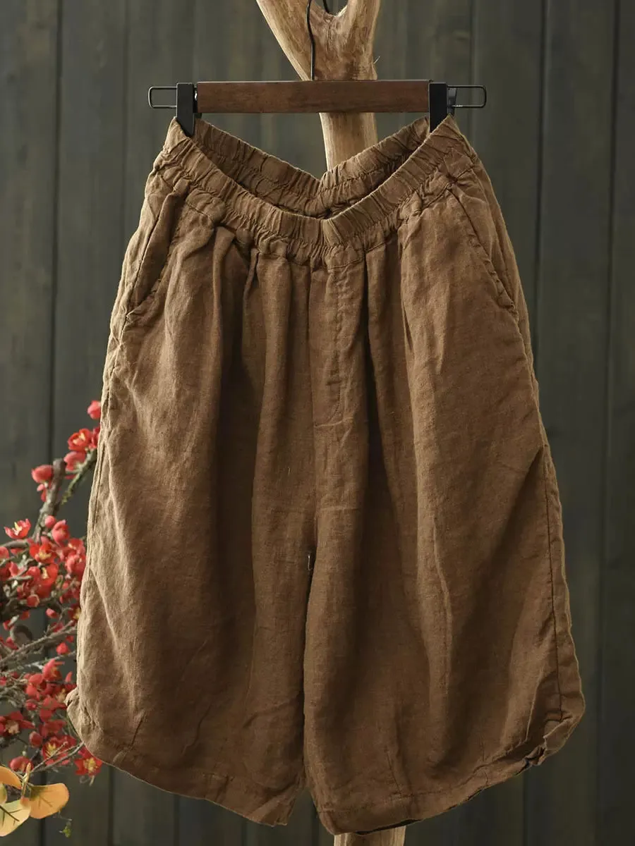 Babakud Women Summer Simple Linen Elastic-Waist Pants