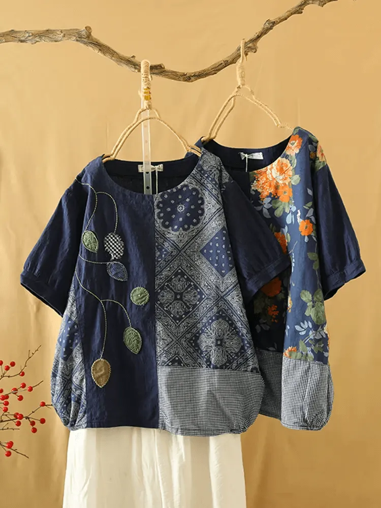 Babakud Women Summer Vintage Blossom Patchwork T- Shirt