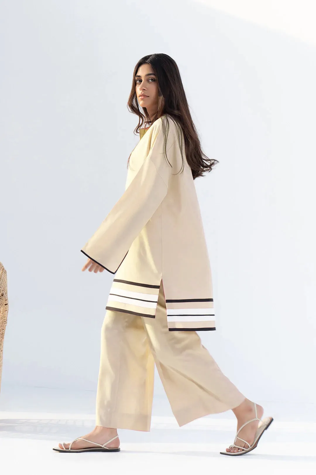 Beige Coord Set with Asymmetrical Hem