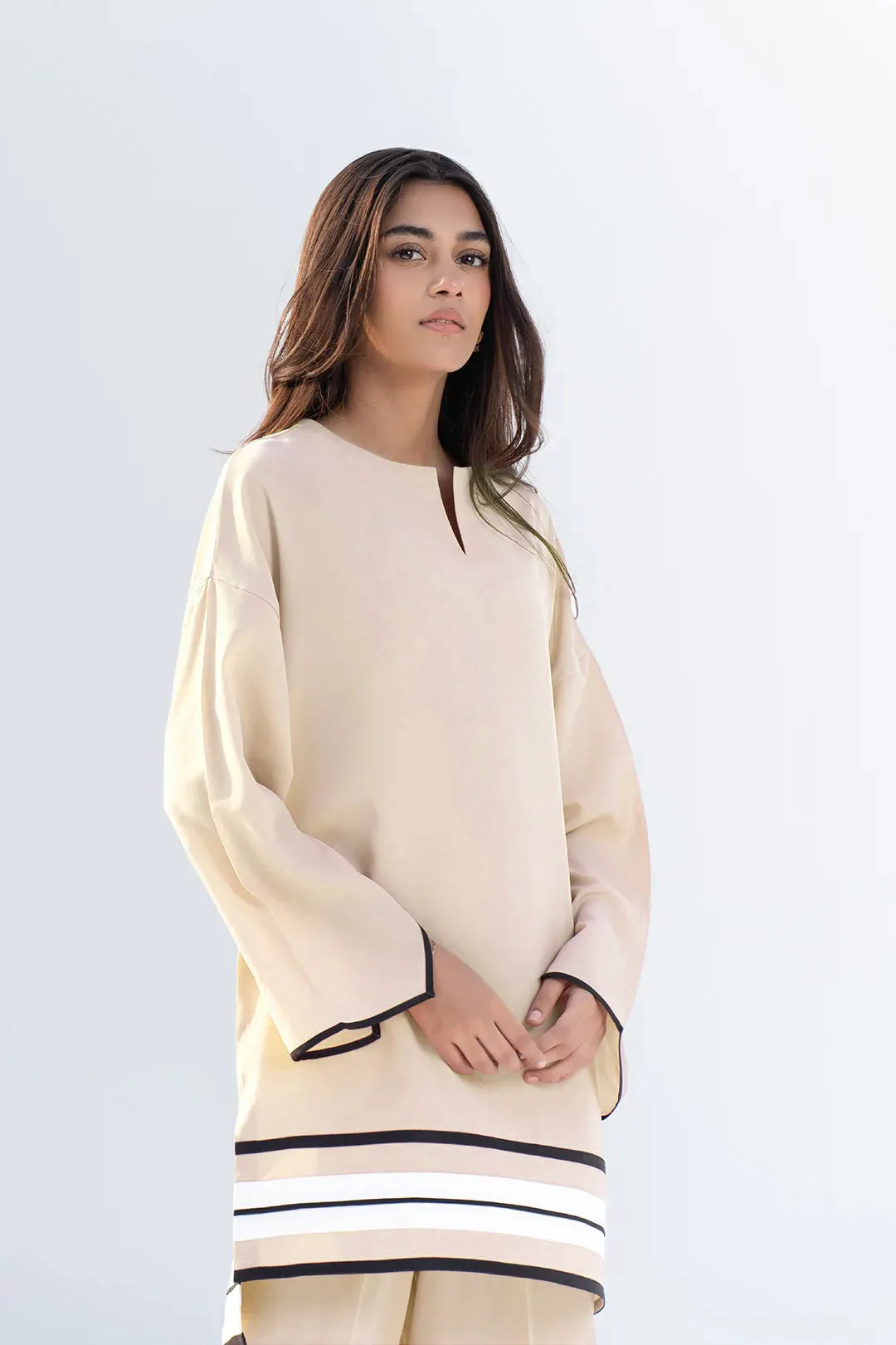 Beige Coord Set with Asymmetrical Hem