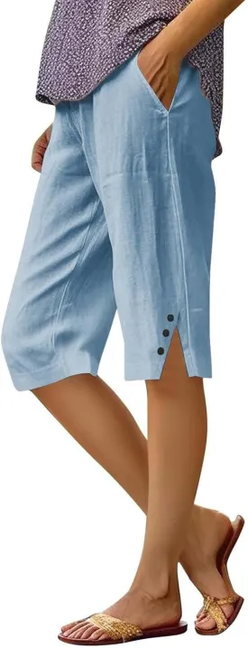 Bermuda Shorts for Women Knee Length Casual Summer Linen Capri Pants Lightweight Beach Vacation Pant with Pockets